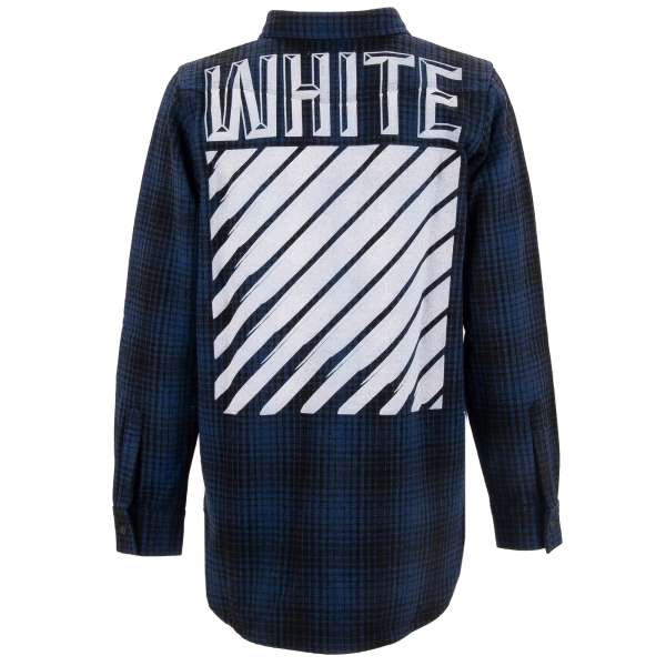 Wool Tartan checked Shirt Jacket with pockets and large white logo painting at the back by OFF-WHITE c/o Virgil Abloh