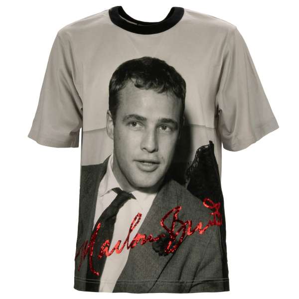 Printed cotton T-Shirt with Marlon Brando print and sequin embroidered signature in gray by DOLCE & GABBANA