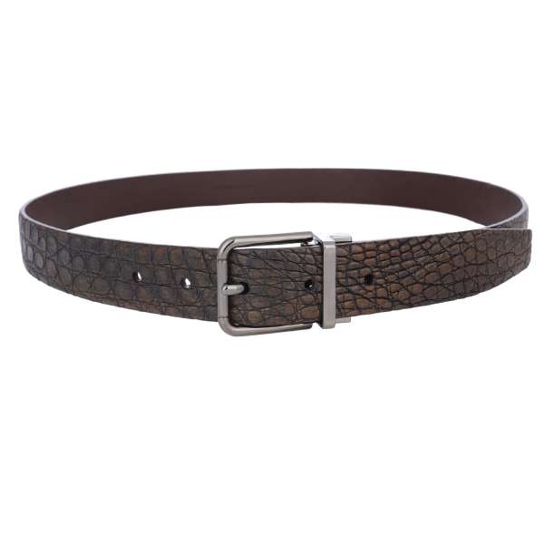 Crocodile Leather belt with metal buckle in dark green and silver by DOLCE & GABBANA