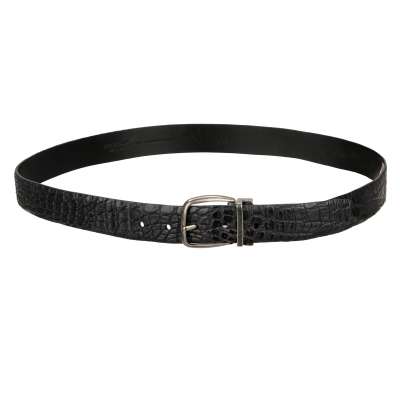 Antique Silver Buckle Croco Leather Belt Black 95 38