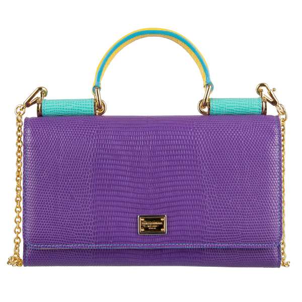 Crossbody leather clutch bag / wallet SICILY WALLET in purple / yellow with lizard texture, logo plate and many slots by DOLCE & GABBANA