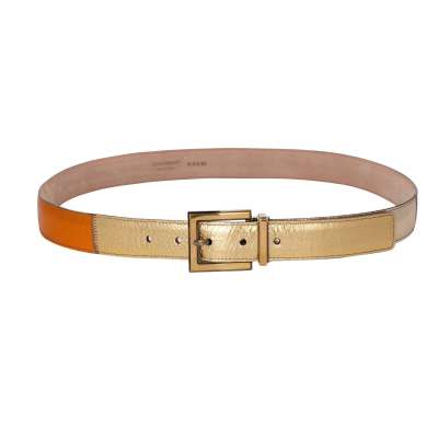 Metal Buckle Lizard Texture Leather Belt Orange Gold 95 38