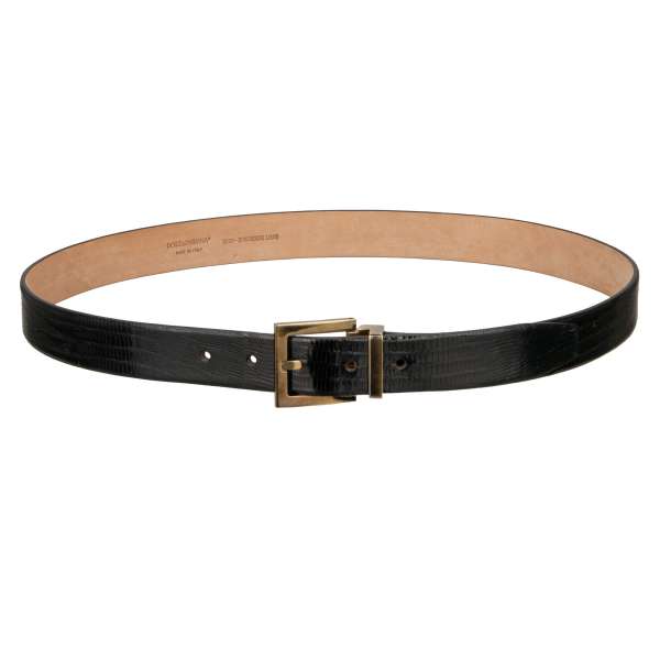 Lizard leather belt with gold metal buckle in black by DOLCE & GABBANA