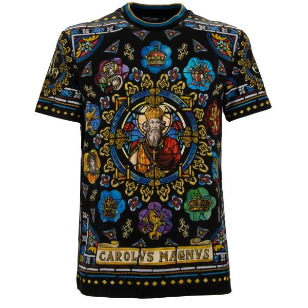 Cotton T-Shirt with Carol vs. Magnus print, ripped details with stripes in blue, black and gold by DOLCE & GABBANA