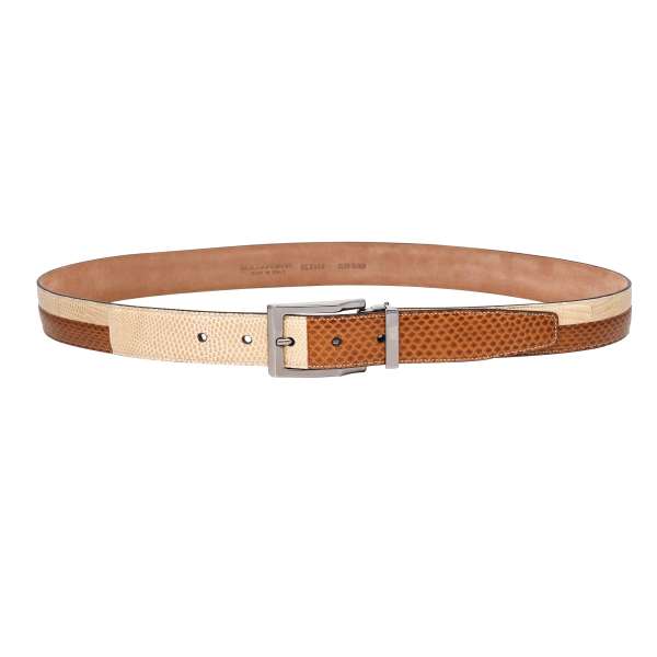 Snake and lizzard leather belt with silver metal buckle in beige and brown by DOLCE & GABBANA