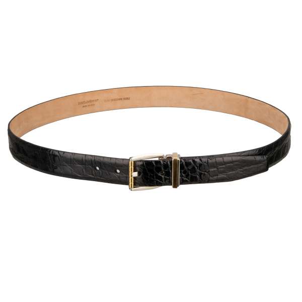 Classic Crocodile Leather belt with silver and gold buckle in black by DOLCE & GABBANA