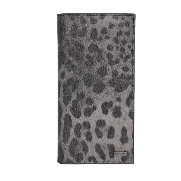 Leopard print large Dauphine leather bifold wallet with many pockets and slots and DG logo in gray and black by DOLCE & GABBANA