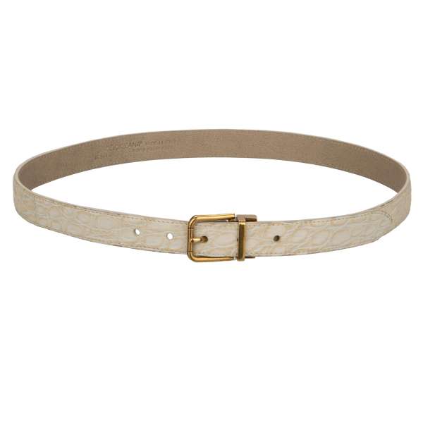 Vintage Effect crocodile Leather belt with antique gold metal buckle in brown by DOLCE & GABBANA