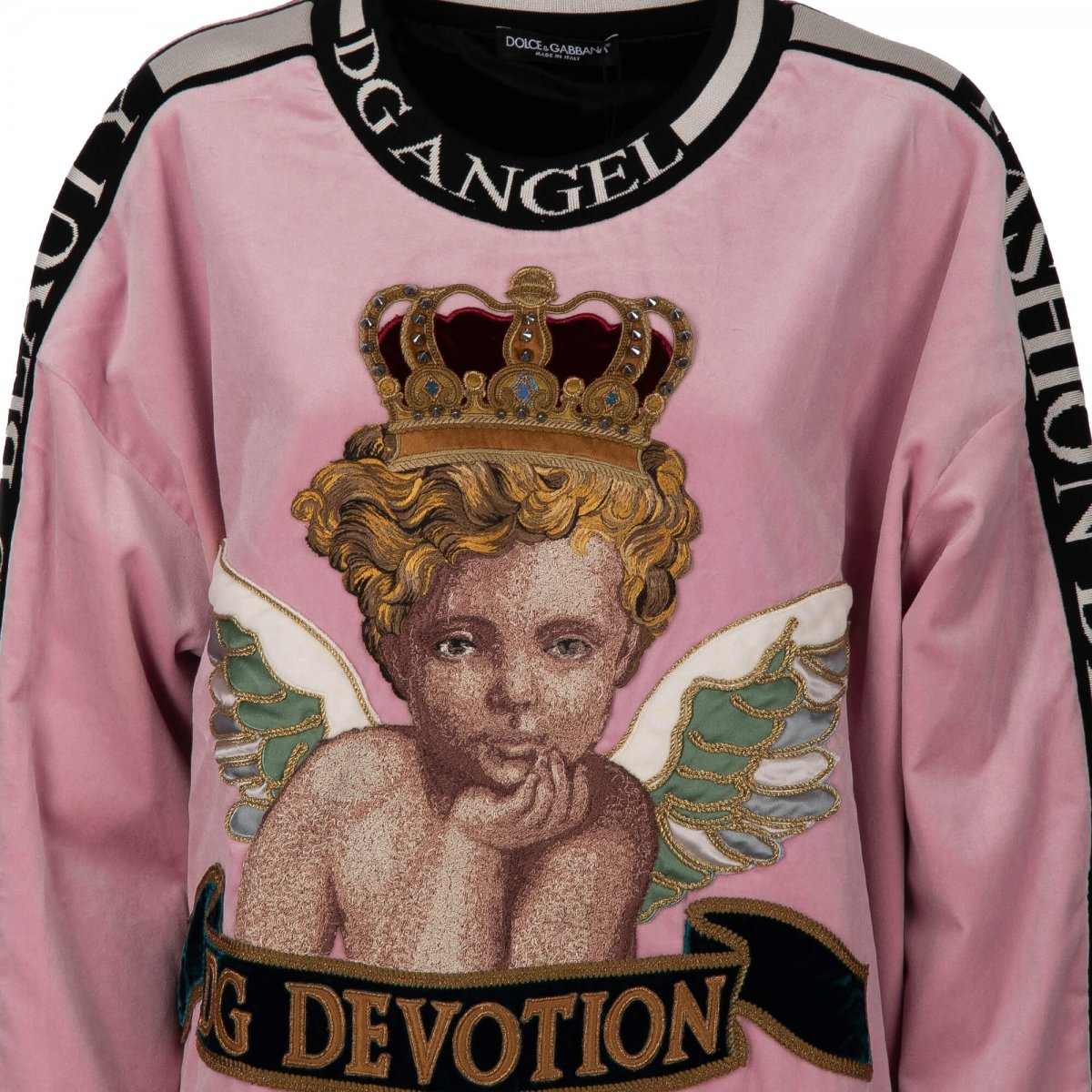 Dolce Gabbana Velvet Oversize Sweater with Angel Crown Embroidery DG Devotion Pink FASHION ROOMS