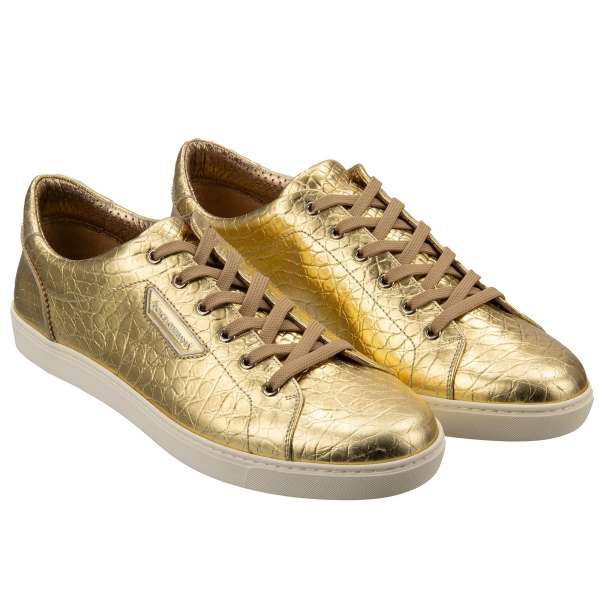 Crocodile printed leather lace Low Top Sneaker LONDON with DG logo in white and gold by DOLCE & GABBANA