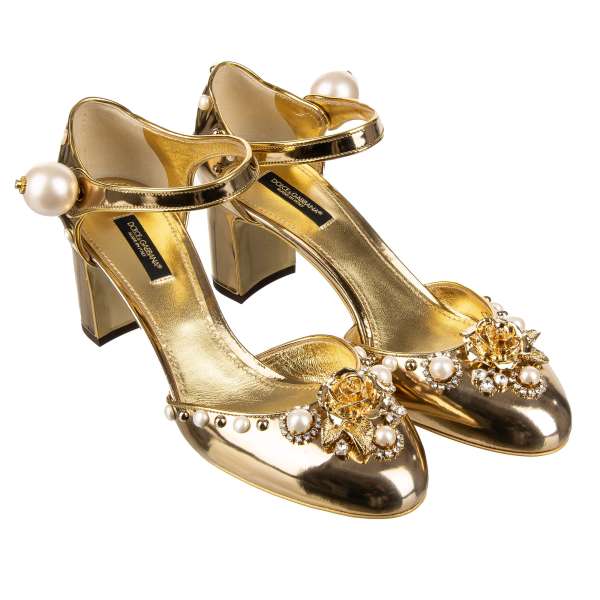  Leather Strap Pumps VALLY in gold with pearl closure, roses, crystals and studs in gold by DOLCE & GABBANA