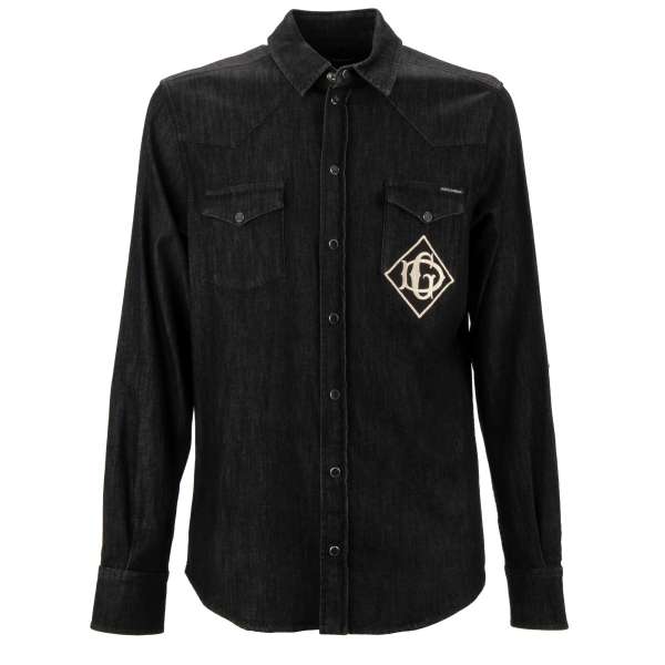 Jeans / Denim shirt with DG embroidered Logo patch and two front pockets in black by DOLCE & GABBANA