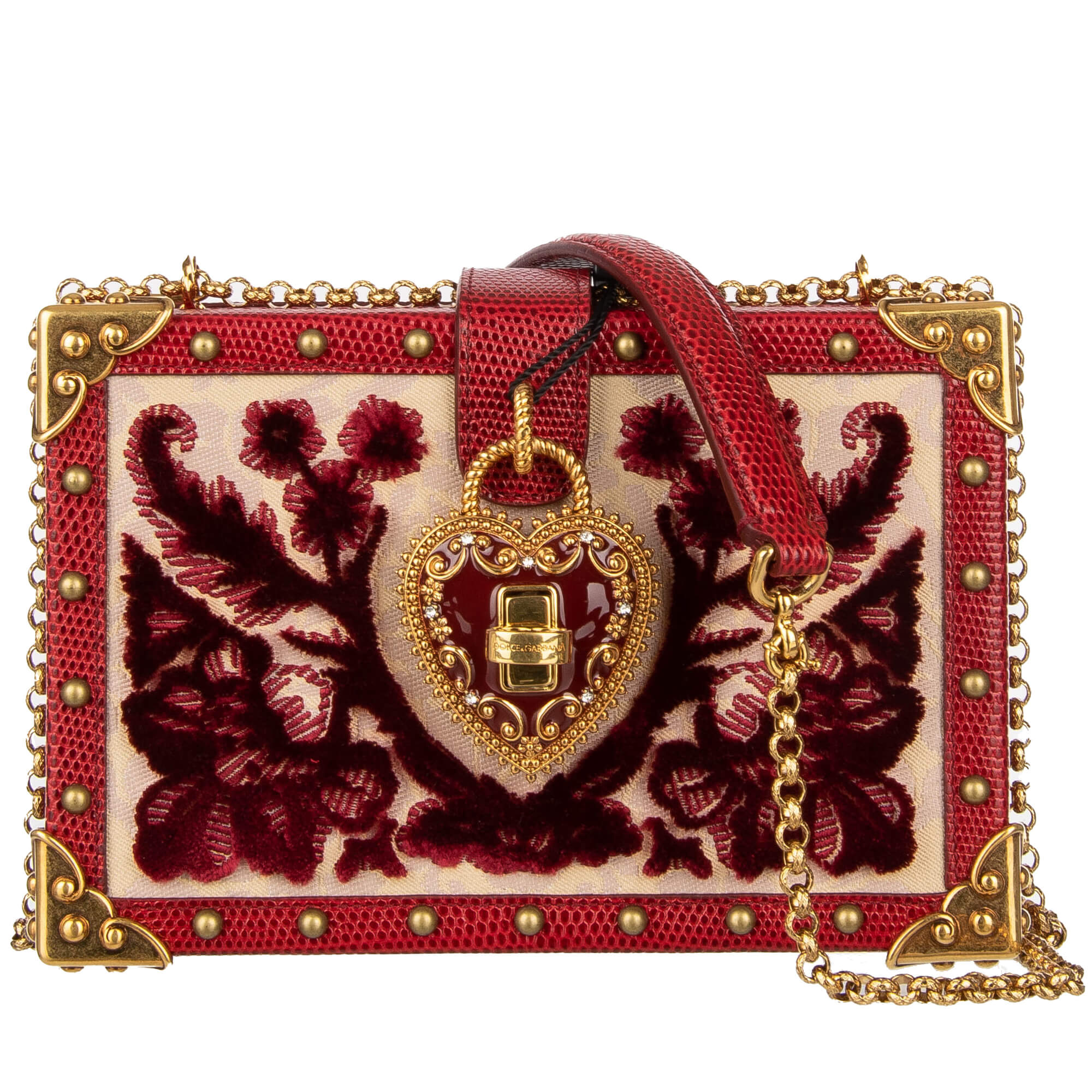 Dolce & Gabbana Velvet Brocade Leather Clutch Box Bag MY HEART with Studs  Red | FASHION ROOMS