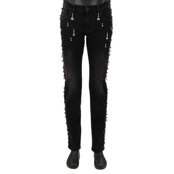 5-pockets Jeans SLIM with DG logo pendant pearls in black by DOLCE & GABBANA