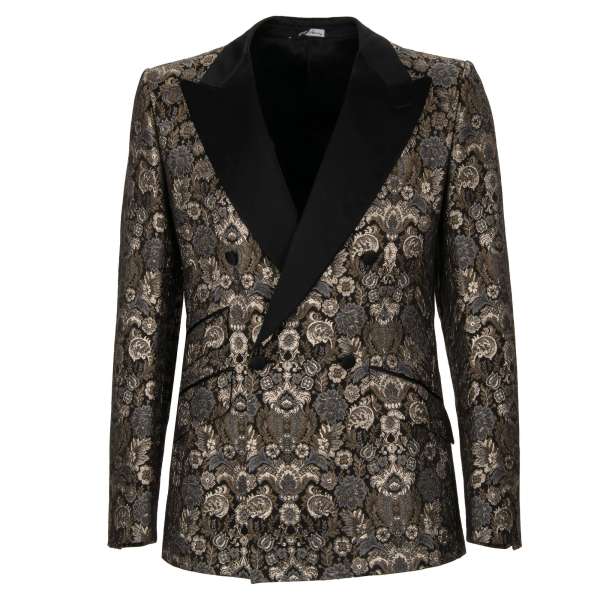 Zweireihiger Blazer aus Barock Jacquard mit spitzem Revers in Beige, Silber, Grau und Schwarz von DOLCE & GABBANA