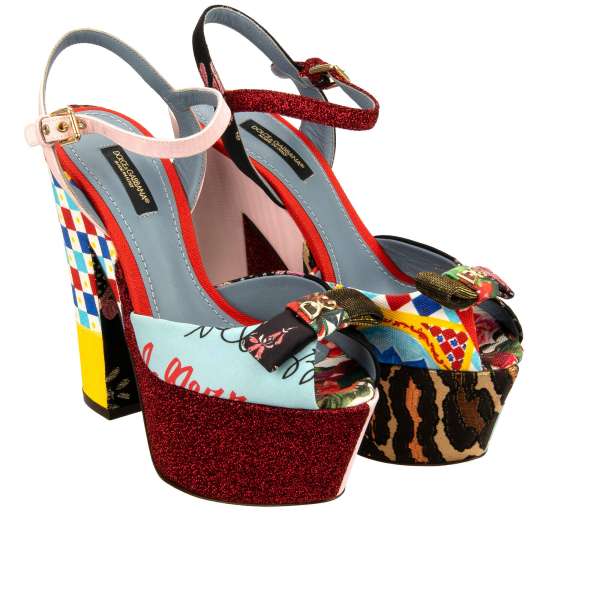 Open Toe Carretto Leopard Patchwork Sandals Pumps BETTE with DG Logo ribbon by DOLCE & GABBANA