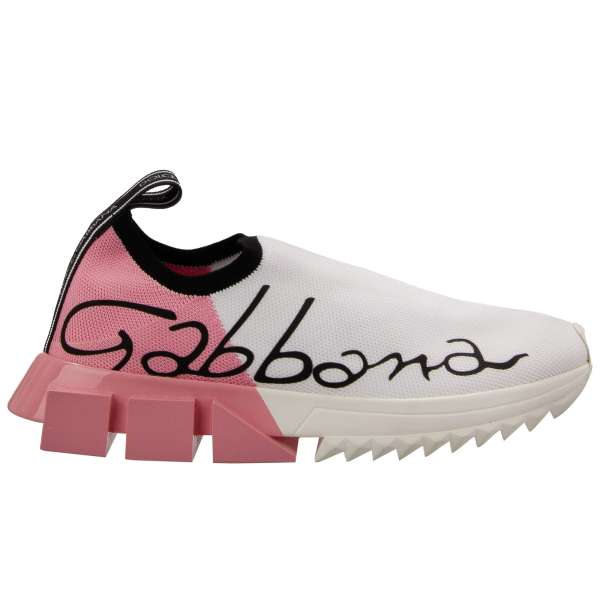 Elastic Slip-On Woman Sneaker SORRENTO with Dolce&Gabbana Logo in pink and white by DOLCE & GABBANA