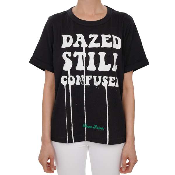 Cotton T-Shirt with Dazed Still Confused, Off White Logo Heart print and Flower Power embroidery in black by OFF-WHITE c/o Virgil Abloh