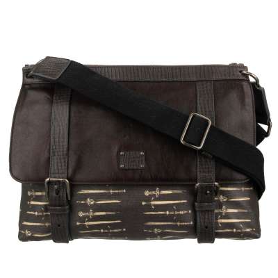 DG Logo Sword Print Leather Crossbody Messenger Strap Bag Brown