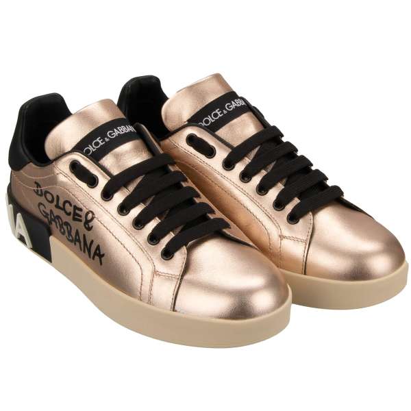  Low-Top Women Sneaker PORTOFINO with large logo in metallic pink and black by DOLCE & GABBANA