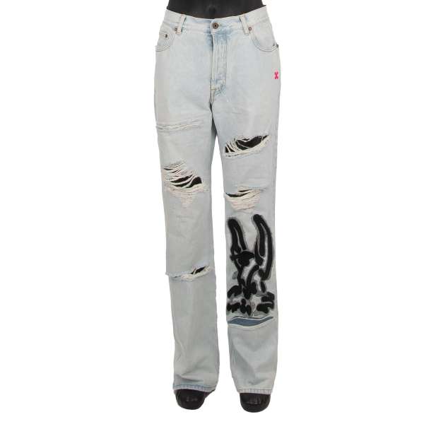 Rare destroyed low fit bleached 5-pockets Jeans from the limited OFF-WHITE x ED BRAVADO Collection with embroidery by OFF-WHITE c/o Virgil Abloh