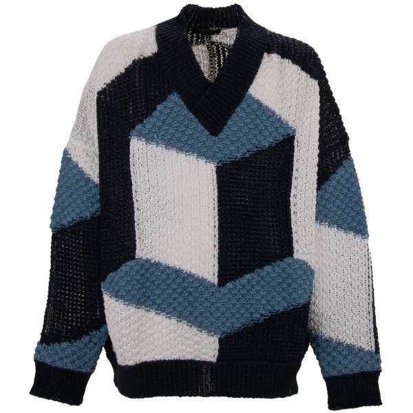 Oversize Handgestickter Sweater aus Runway 2021 Gio Ponti Kollektion in Blau und Weiß von DOLCE & GABBANA FATTO A MANO 