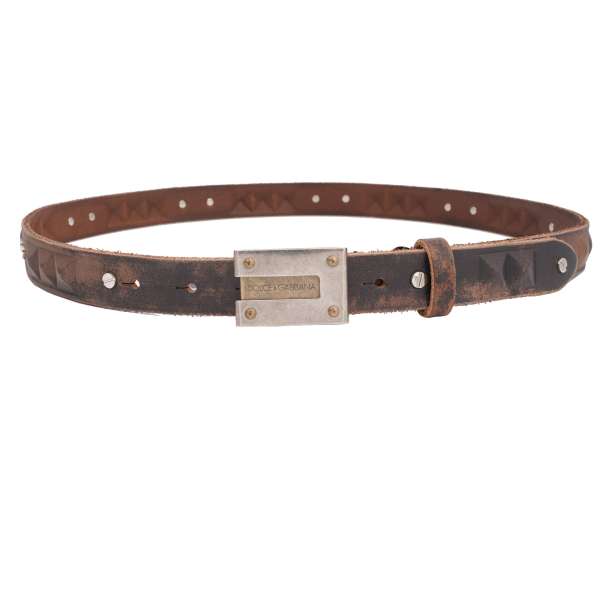 Vintage Style leather belt with DG metal logo plate, metal studs and decorative structure in brown by DOLCE & GABBANA