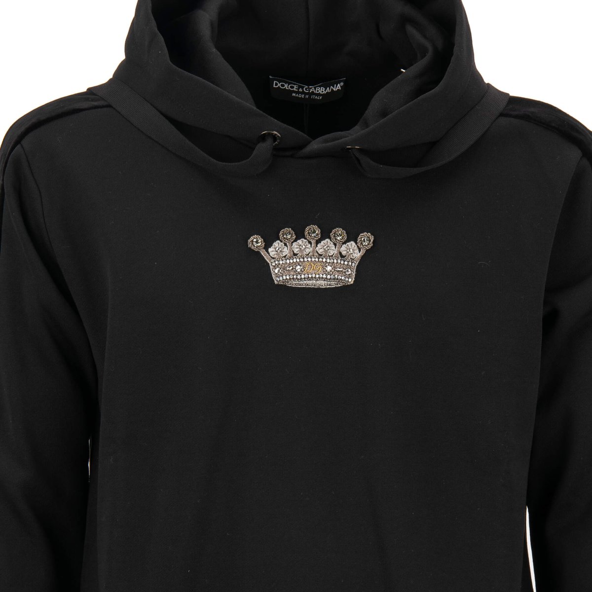 Dolce Gabbana Cotton Hoodie with Crown Embroidery and Velvet Sleeves Black 46 S FASHION ROOMS