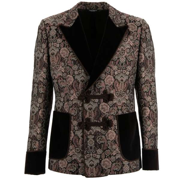 Floral Baroque Style lurex tuxedo / blazer in brown and pink with rope fastening and contrast velvet peak lapel, cuffs and pockets by DOLCE & GABBANA