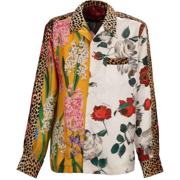 Silk shirt with leopard, roses flowers print and front pocket in white, pink, yellowe and green by DOLCE & GABBANA