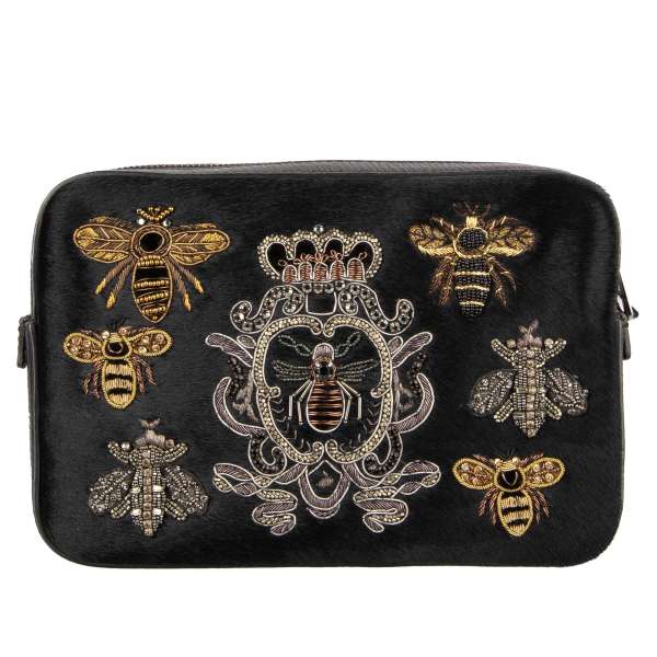 Fur and Palmellatto Leather Pouch / Clutch Bag with embroidered bees and crown and logo plate by DOLCE & GABBANA