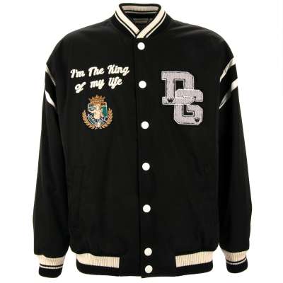 Oversize Varsity Bomber Jacket with Royal King Embroidery and DG Logo Black