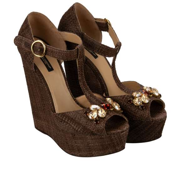 Woven Straw Plateau Sandals / Wedges BIANCA embellished with multicolored crystals in brown by DOLCE & GABBANA