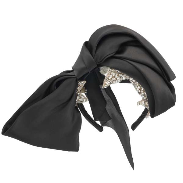 Silk Hairband embelished with hand embroidered crystals star and bow in black and silver by DOLCE & GABBANA