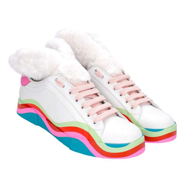 Low-Top Women Sneaker PORTOFINO with Rabbit faux fur ears and DG logo in white, blue and pink by DOLCE & GABBANA