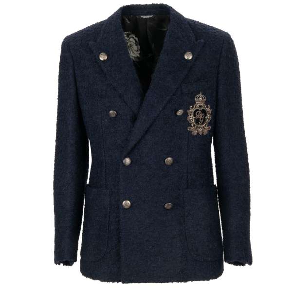 Alpaca wool blend blazer with embroidered DG logo pearl crown and metal royal buttons in blue by DOLCE & GABBANA