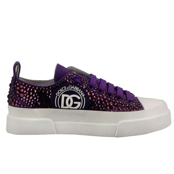 Women Canvas Sneaker PORTOFINO with crystal embellishments and DG Logo in purple and white by DOLCE & GABBANA