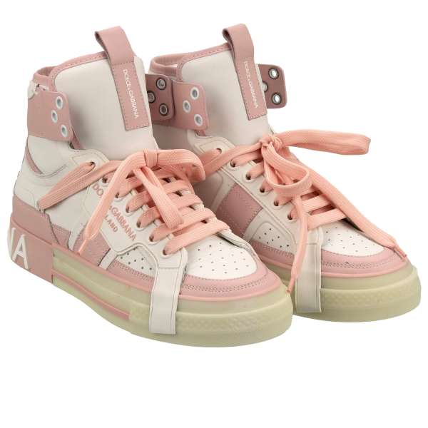 Lace High Top Sneaker PORTOFINO DONNA with DG logo in pink and white by DOLCE & GABBANA