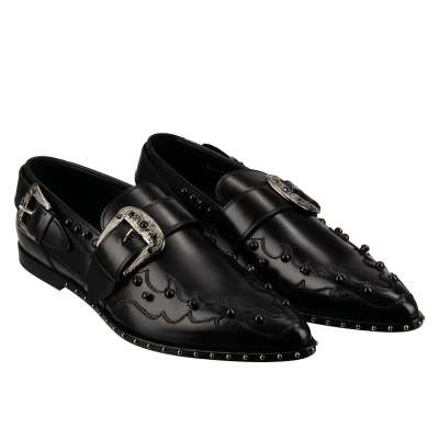 Studded Crystal Buckle Leather Derby Shoes Black Silver 42.5 US 9.5