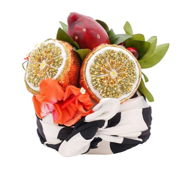 Foulard Wrap Hut mit Hand-gemachter Kristallen und Pailletten Stickerei Orangen, Kirschen, Blumen von DOLCE & GABBANA 