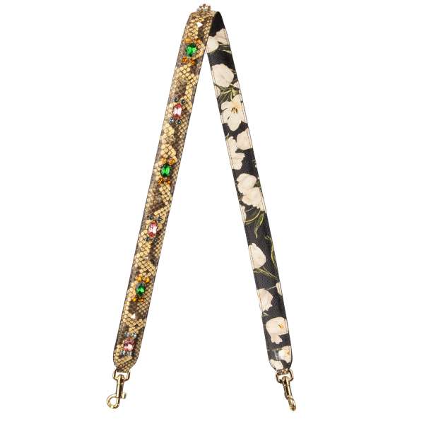 Snake and Dauphine Tulip Flower Pattern calf leather bag Strap / Handle with crystals and studs applications in beige and black by DOLCE & GABBANA