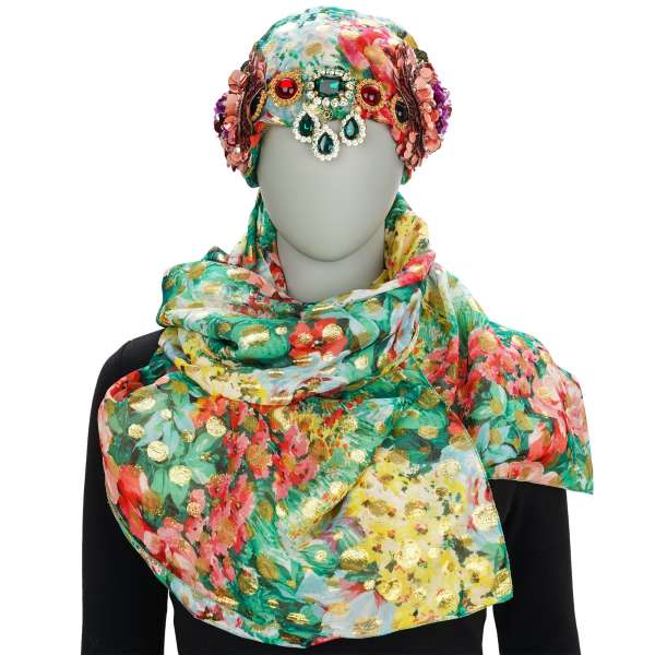 Silk Flower Scarf wrap Hat with attached crystal necklace and sequins crystal flower embroideries by DOLCE & GABBANA 