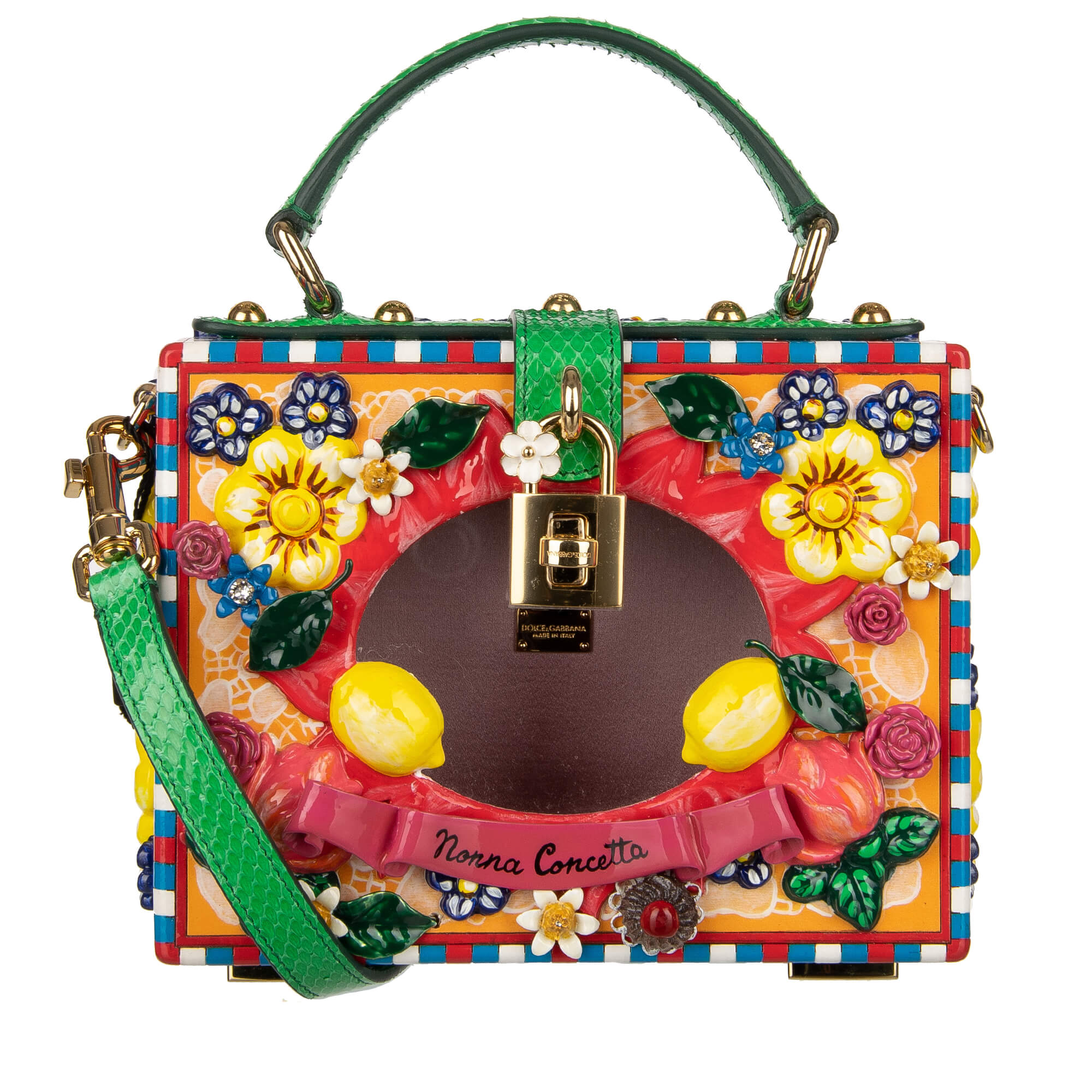Dolce & Gabbana Sicilian Carretto Lemon Hand-Painted Wood Clutch Bag DOLCE  BOX Orange Green | FASHION ROOMS