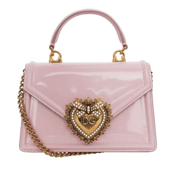 Top Handle / Crossbody Bag DEVOTION Small made of shiny patent leather with a jeweled heart buckle with DG Logo and detachable metal chain strap by DOLCE & GABBANA