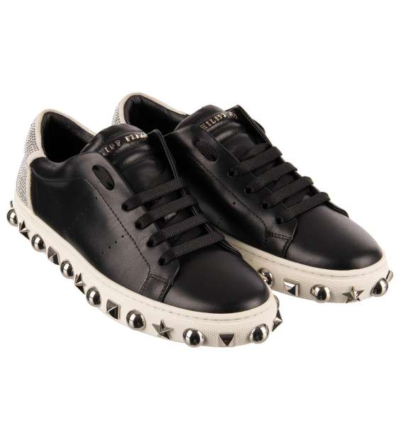 Women Low-Top Sneaker in black and white with crystals embellished Plein and Playboy logos, studded sole and tongue with Philipp Plein metal logo by PHILIPP PLEIN X PLAYBOY