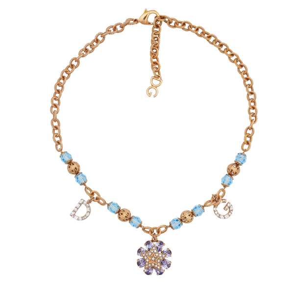 Chocker necklace with blue crystals, star, DG letters and filigree elements in gold by DOLCE & GABBANA