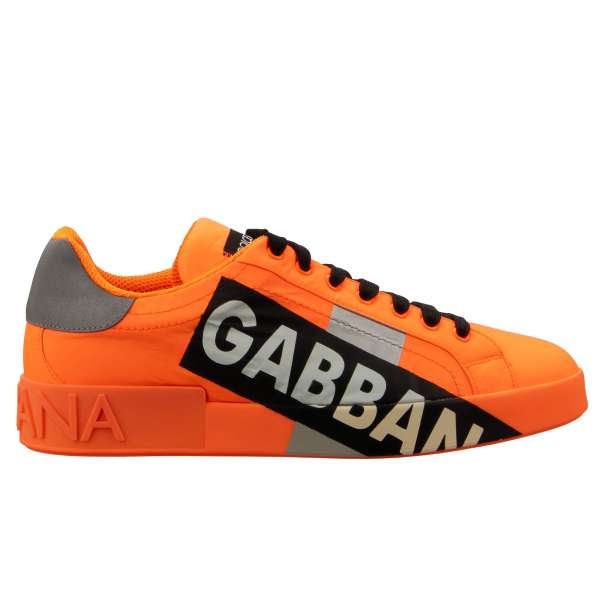  Lace Sneaker PORTOFINO for men with DG logo in black, neon orange and silver by DOLCE & GABBANA