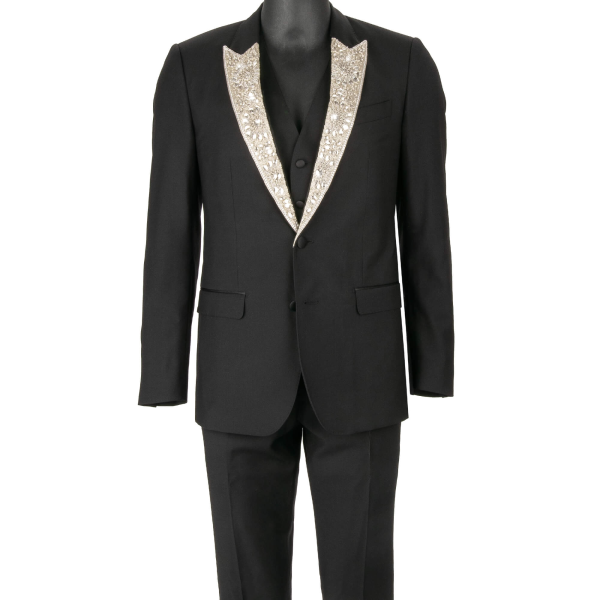 Virgin wool 3 piece suit, jacket, waistcoat, pants with ahnd-made crystal and pearls embroidery and peak lapel in black by DOLCE & GABBANA 