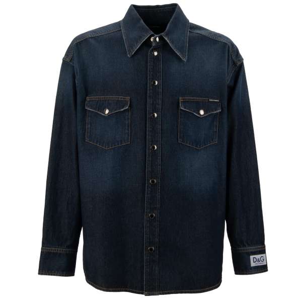 Oversize Jeans / Denim shirt with DG Logo Patch and two front pockets in blue by DOLCE & GABBANA