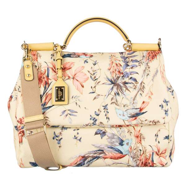 Große Tote / Schultertasche SICILY Large aus Canvas mit Mimose und Vögel Print und Anhänger mit Logo Schild von DOLCE & GABBANA